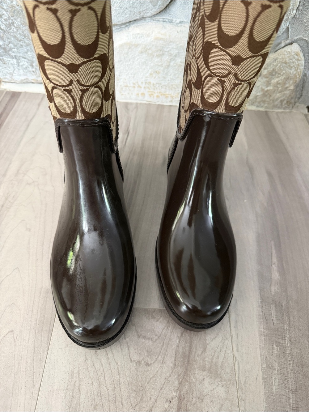 Coach Tristee Brown & Khaki Rainboot Signature Print Canvas-Shiny Rubber Size 10 - Picture 9 of 14